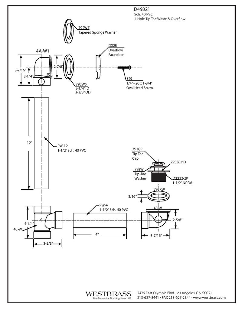 Westbrass Tip-Toe Sch. 40 PVC Bath Waste with One-Hole Elbow, Polished Chrome, D49321-26 - Image 2